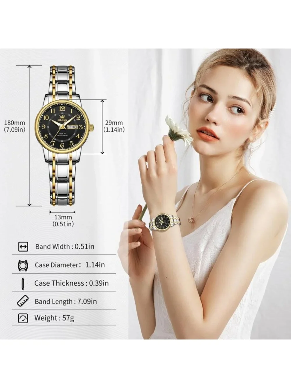 Stylish Women's Dress Watch - 30M Waterproof, Long Band for Medium Wrists